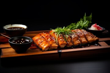 A succulent serving of Unagi, Japanese eel delicacy, beautifully presented on a wooden sushi board, garnished with herbs and served with a side of wasabi and pickled ginger - obrazy, fototapety, plakaty