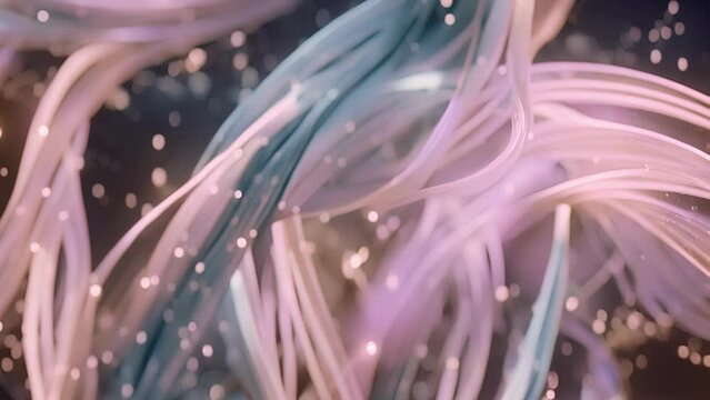 Soft pastel ribbons intertwine delicately, representing fluid adaptable nature Gemini. they cascade down, they seem shimmer like constellation stars, symbolizing versatile