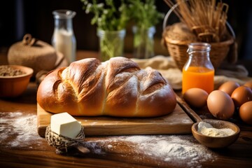 A freshly baked, golden brown brioche loaf on a rustic wooden table, surrounded by ingredients like eggs, flour, and butter, with a warm, inviting kitchen background - obrazy, fototapety, plakaty
