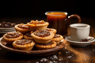A delightful arrangement of freshly baked Canadian butter tarts, golden and flaky, served on a rustic wooden table with a cup of hot tea, inviting a moment of sweet indulgence