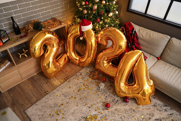 Interior of messy living room after New Year party with figure 2024