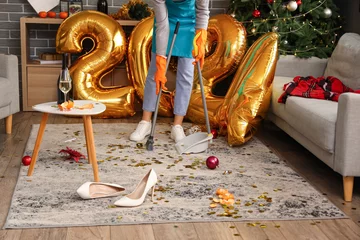 Fotobehang Female janitor sweeping in messy living room after New Year party © Pixel-Shot