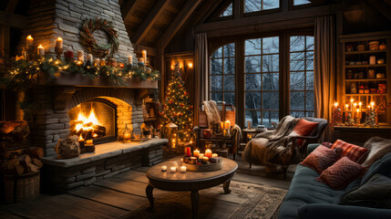 Fototapeta na wymiar Festive decorated living room with a warm fireplace, holiday ornaments, comfortable armchairs, and a beautiful Christmas tree. Generative AI