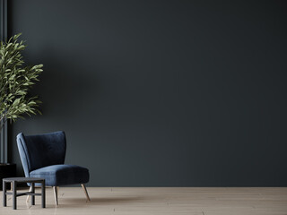 Blue livingroom - modern interior and rich furniture design. Mockup for art - empty painted navy dark black wall. Deep cobalt chair and blank cyan background. Luxury premium lounge hall. 3d render