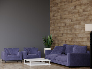 Large master livingroom in dark black gray colors. Purple violet set chairs and sofa. Background mockup wall blank for wallpaper or paintings. Luxury lounge or reception. Accent wood parquet.3d render