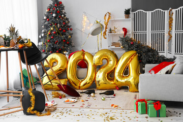 Interior of messy living room after New Year party with figure 2024 - obrazy, fototapety, plakaty