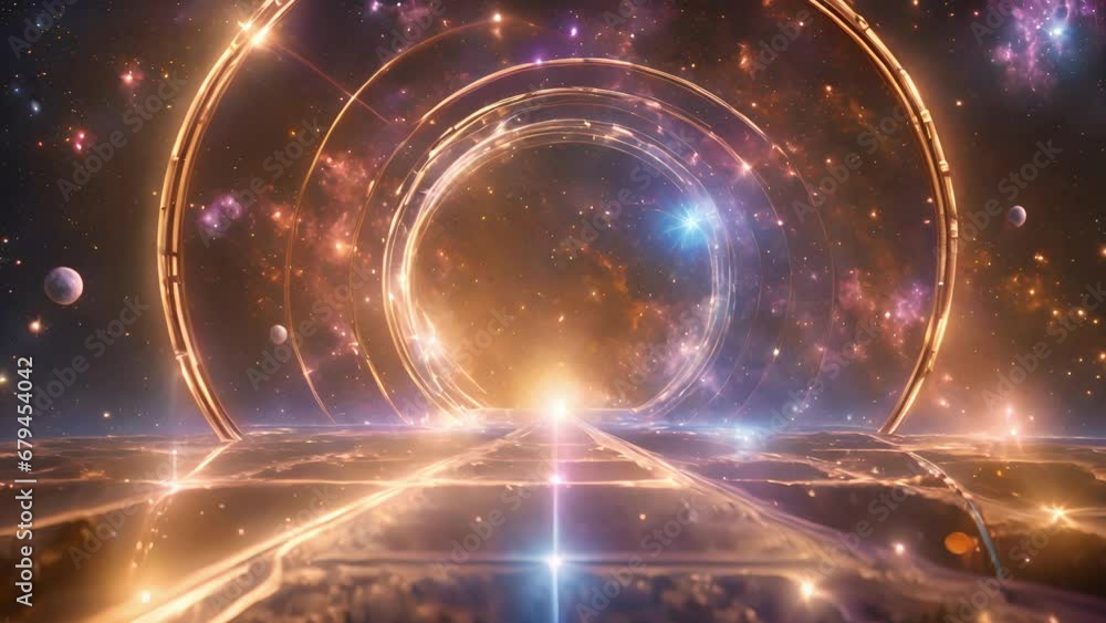 Poster galactic gates travel through endless array sparkling celestial gateways, where alignment planets, s