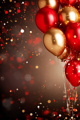 Celebration party banner background with red, gold balloons, carnival, festival or birthday balloon red background, red celebration background template