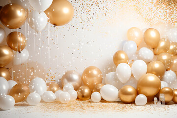 Naklejka na ściany i meble Celebration party banner background with white, gold balloons, carnival, festival or birthday balloon celebration background template, Illustrations for advertising
