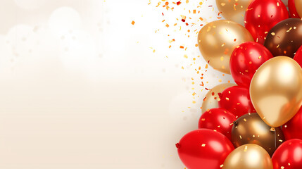 Celebration party banner background with red, gold balloons, carnival, festival or birthday balloon...