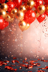 Celebration party banner background with red, gold balloons, carnival, festival or birthday balloon...