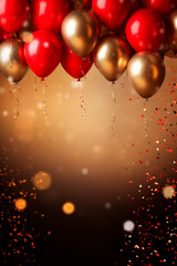Celebration party banner background with red, gold balloons, carnival, festival or birthday balloon red background, red celebration background template