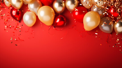 Celebration party banner background with red, gold balloons, carnival, festival or birthday balloon red background, red celebration background template - obrazy, fototapety, plakaty