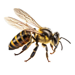 Close up of honeybee flying isolated on white background cutout