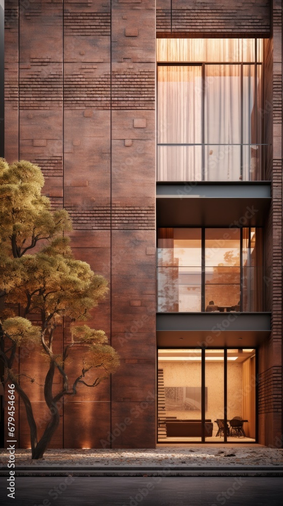 Poster a modern brick building with a tree in front. generative ai.