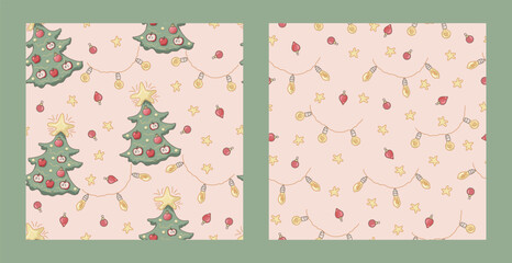 Seamless pattern with new year tree, garlands, stars and christmas tree ornaments. Vector illustration set.
