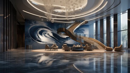 The lobby of a luxury hotel with a large mural. Generative AI.