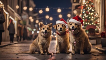dogs enjoying on the Christmas night on the streets