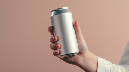 product mockup of a soda can with hand holding photography - obrazy, fototapety, plakaty