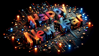 A new year's card with the words  'Happy New Year' made up of Colors and Lights on a vibrant computer board, proclaiming technological and artificial intelligence fireworks, excitement, innovation - obrazy, fototapety, plakaty