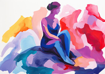 Human figure painting, female form - abstract figurative gouache painting of a woman seated. Women's health and women's issues related illustration. 