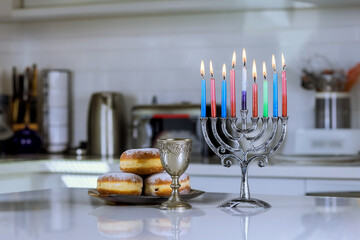 Hanukkah symbols on Hanukkiah Menorah are symbols of Jewish holiday Hanukkah