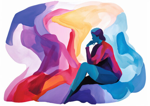 Human Figure Painting, Female Form - Abstract Figurative Gouache Painting Of A Woman Seated. Women's Health And Women's Issues Related Illustration. 