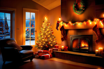 a warm fireplace and a Christmas tree.