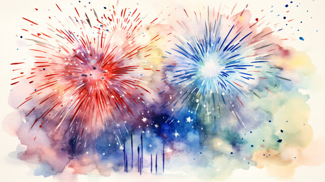 A watercolor painting of fireworks on a white background