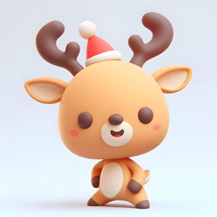 Joyful 3D Deer: Cute Character in Christmas Hat on Plain Background. Adorable Holiday Concept with a Happy and Festive Deer Illustration.