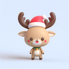 Joyful 3D Deer: Cute Character in Christmas Hat on Plain Background. Adorable Holiday Concept with a Happy and Festive Deer Illustration.