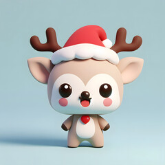 Joyful 3D Deer: Cute Character in Christmas Hat on Plain Background. Adorable Holiday Concept with a Happy and Festive Deer Illustration.