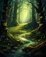 A painting of a forest with a stream running through it