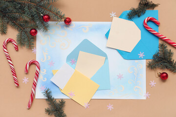 Beautiful composition with Christmas cards on brown background