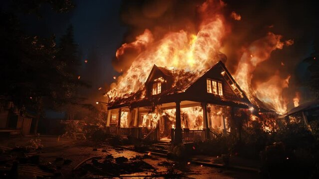 Home Engulfed in Flames Amidst Peaceful Night. 4K Seamless Looping Video Background.