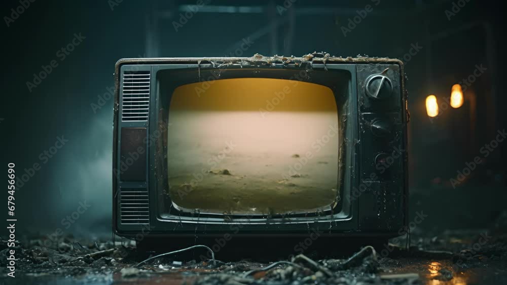 Poster an ancient cathode tube tv dented and decomposed without a working remote control. its graytinted di