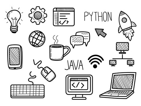 Set of programming doodle illustrations on a white background. Hand-drawn coding vector elements