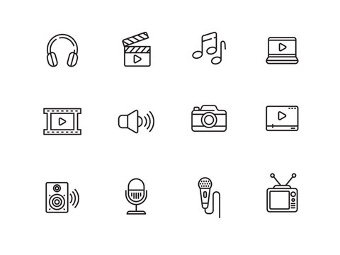 Set of audio and video icons in line style on a white background