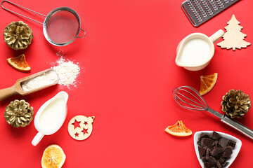 Frame made of different ingredients for preparing Christmas pie on red background