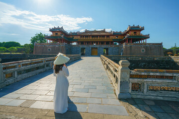 Ngo Mon gate - the main entrance of forbidden Hue Imperial City in Hue city, Vietnam, with...