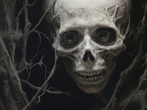 A painting of a creppy skeleton covered in tree roots