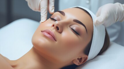 plastic surgery, beauty, Surgeon or beautician touching woman face, surgical procedure that involve altering shape of nose, doctor examines patient nose before rhinoplasty, medical assistance, health - obrazy, fototapety, plakaty