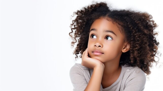 closeup photo portrait of a beautiful young children American model teen girl looking forward. child ad with copy space.