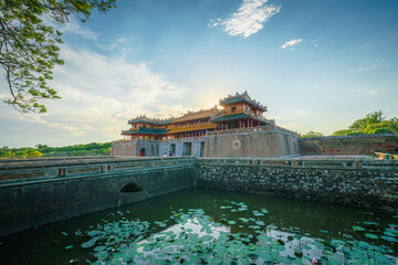 Ngo Mon gate - the main entrance of forbidden Hue Imperial City in Hue city, Vietnam, during sunset...