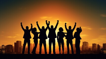 Silhouette of business team stand and feel happy on the most hight at stand on sunset, success, leader, teamwork, target, Aim, confident, achievement, goal, on plan, finish, generate by AI