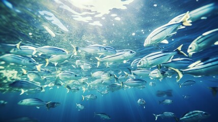 Fototapeta na wymiar Group of fish swimming underwater world in the blue ocean and sunshine background.