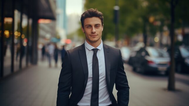 portrait of a handsome smiling Caucasian young businessman boss in a black suit walking on a city street to his company office. blurry street background, confident