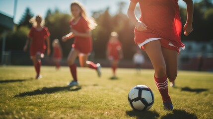 Sports team, teenage girl soccer and kick ball on field in a tournament,Fit adolescents compete to...