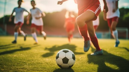 Sports team, teenage girl soccer and kick ball on field in a tournament,Fit adolescents compete to...
