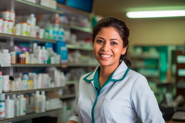 portait of a happy latin female pharmacist in a drugstore